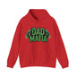 DAD MAFIA unisex hooded jumper in red featuring neon green skulls and lettering, perfect for casual occasions.