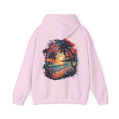 Hooded sweatshirt featuring tropical sunset beach design with palm trees, perfect for summer vibes and beach lovers.