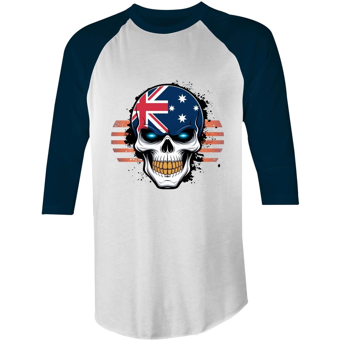 AS Colour Australian patriotic skull t-shirt with glowing blue eyes and Australian flag design, perfect for Australia Day.
