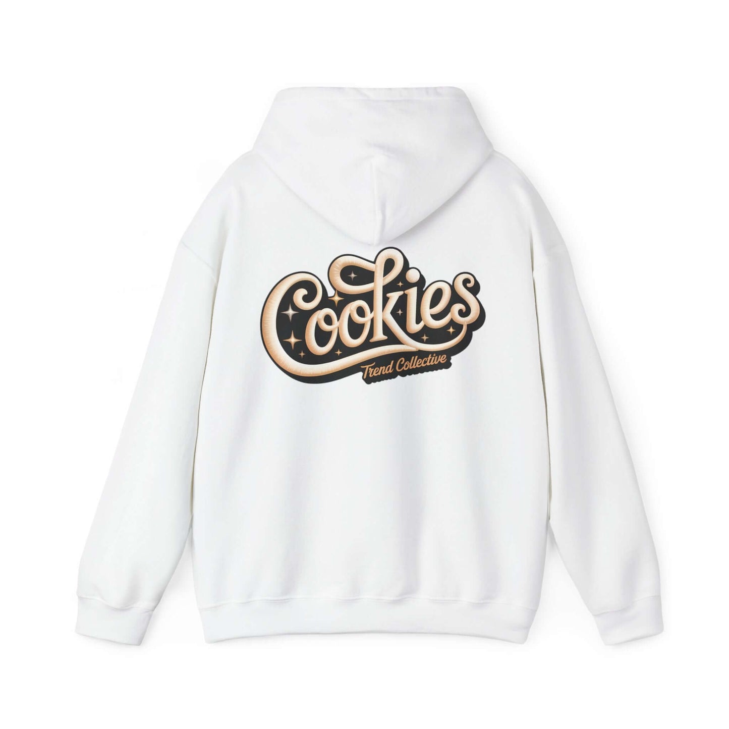 White hoodie featuring vintage-inspired hand-lettered 'Cookies Trend Collective' design in elegant script.