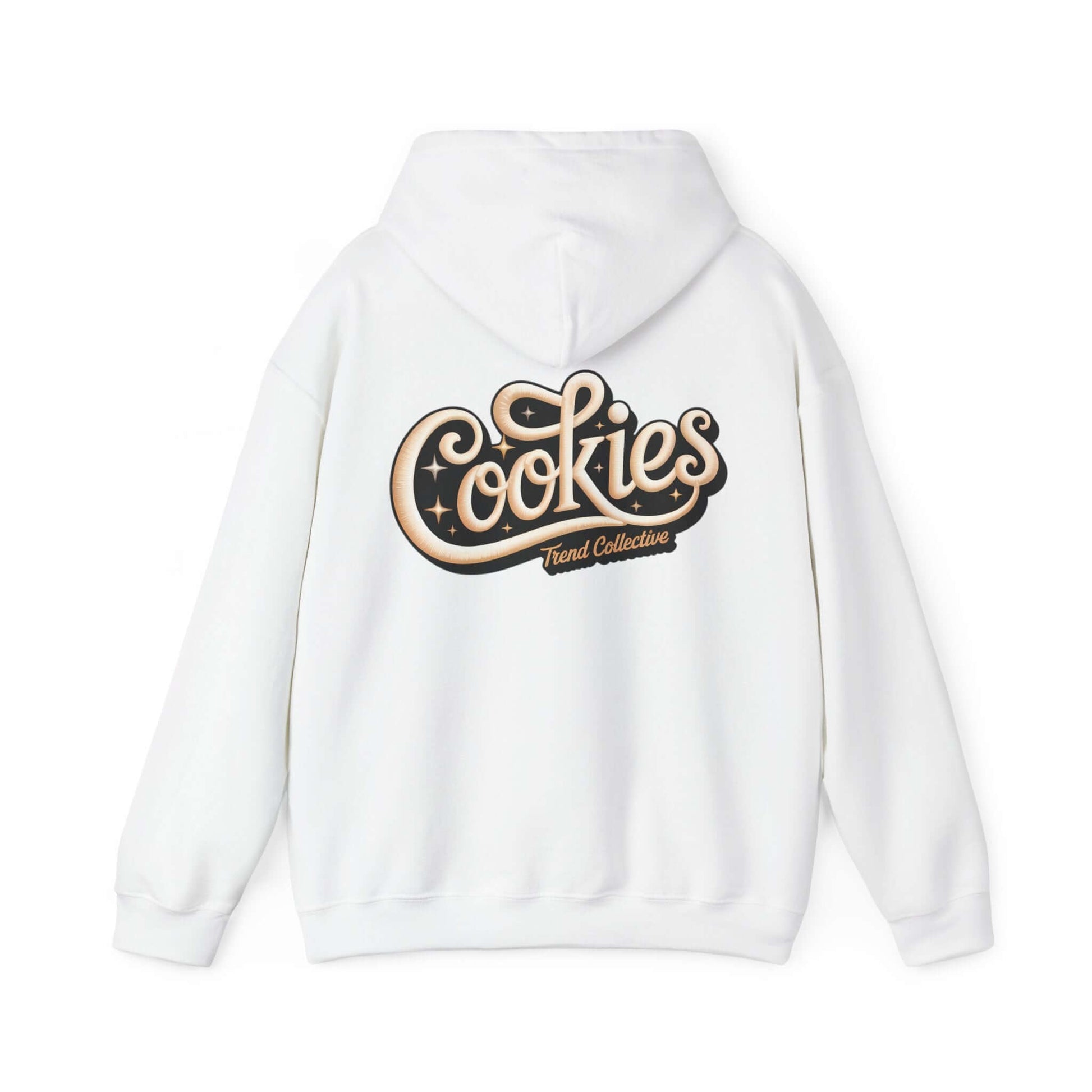 White hoodie featuring vintage-inspired hand-lettered 'Cookies Trend Collective' design in elegant script.