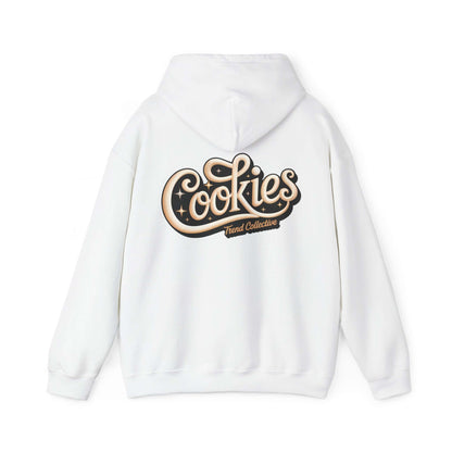 White hoodie featuring vintage-inspired hand-lettered 'Cookies Trend Collective' design in elegant script.