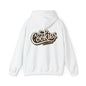 White hoodie featuring vintage-inspired hand-lettered 'Cookies Trend Collective' design in elegant script.