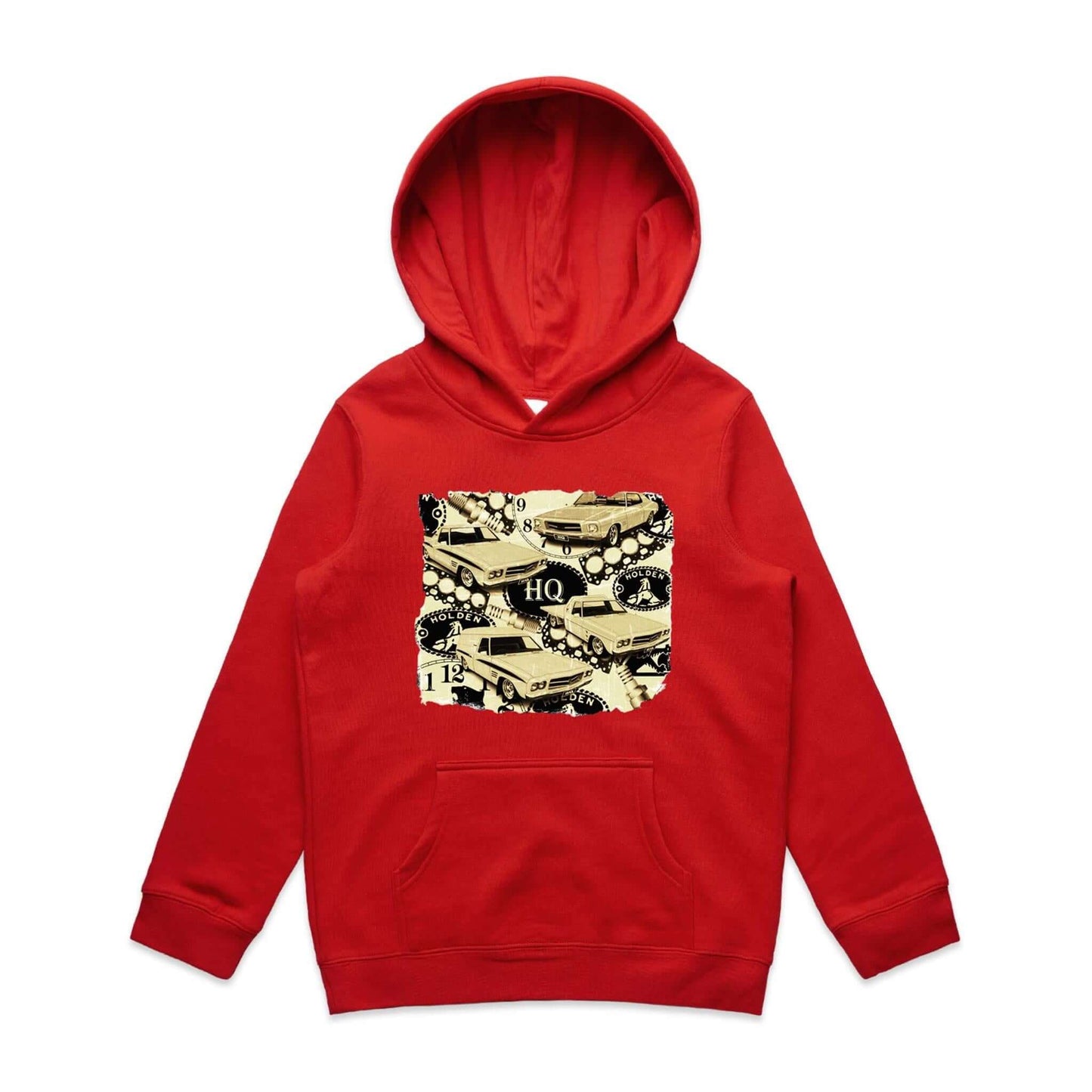 Vintage Holden cars kid's hoodie featuring retro 1970's HQ Monaro, Panel Van, Ute, and One Tonner design.