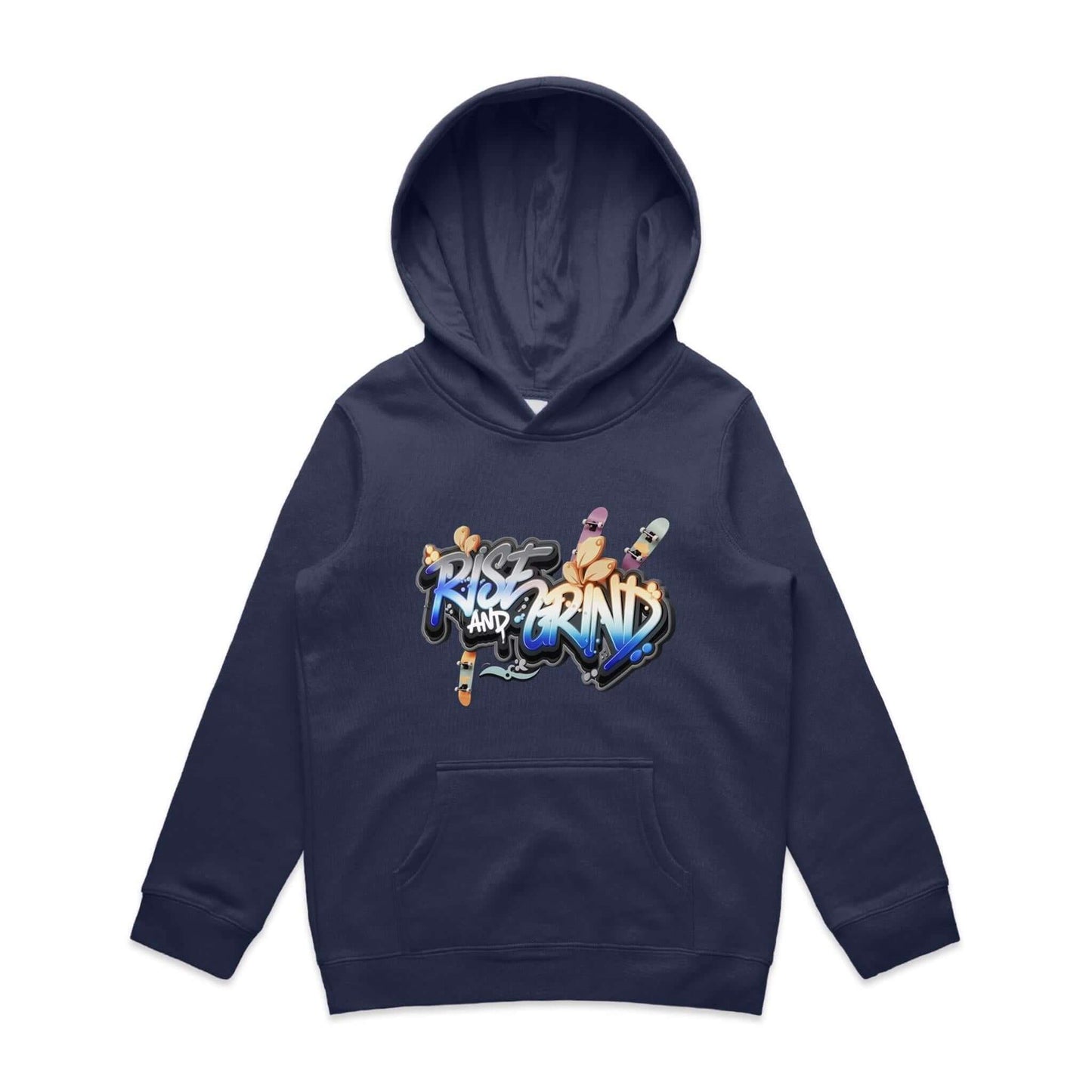 Kid's hoodie with graffiti design 'Rise and Grind', featuring skateboards and an urban vibe.
