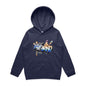 Kid's hoodie with graffiti design 'Rise and Grind', featuring skateboards and an urban vibe.