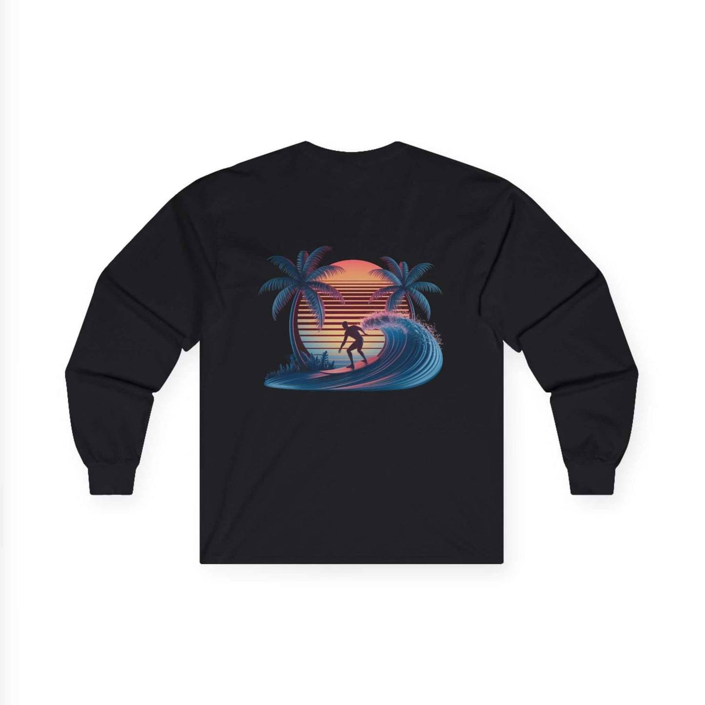 Long sleeve shirt featuring sunset surfer riding a wave illustration with palm trees and synth-wave effect design.
