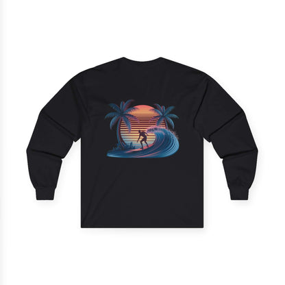 Long sleeve shirt featuring sunset surfer riding a wave illustration with palm trees and synth-wave effect design.