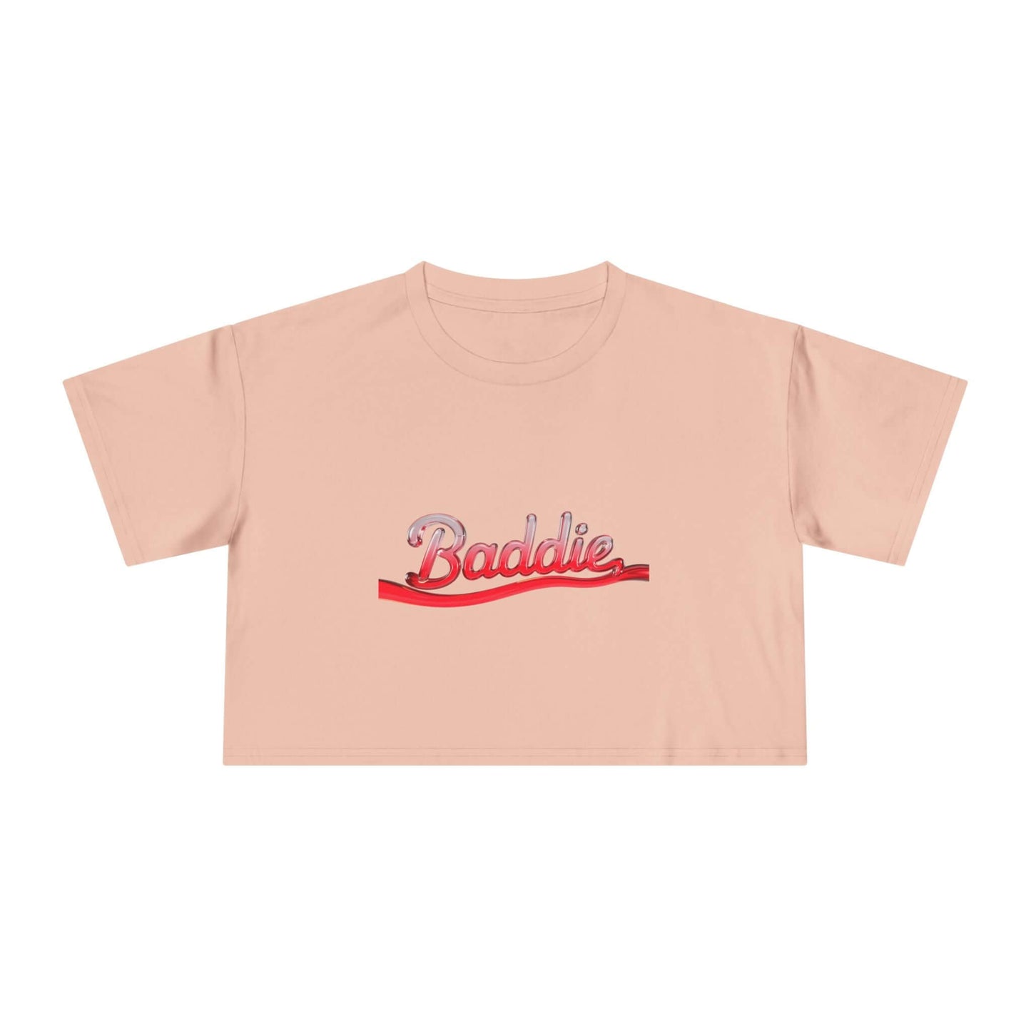 Trendy crop tee featuring liquid-like red text "Baddie" for edgy streetwear style, perfect for casual outfits.