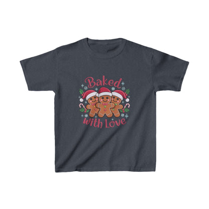 Kids T-shirt featuring gingerbread men in Santa hats with 'Baked with Love' typography, perfect for Christmas celebrations.