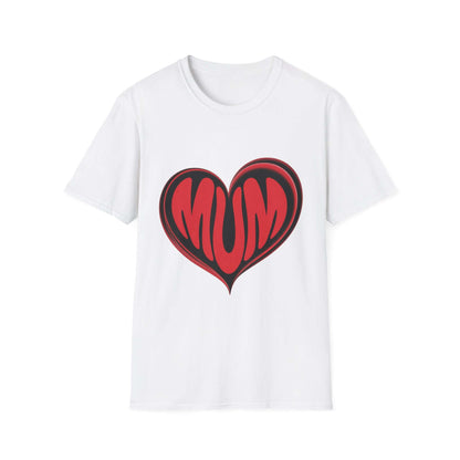 White unisex T-shirt featuring red 'MUM' text in a heart shape, perfect for Mother's Day celebrations.