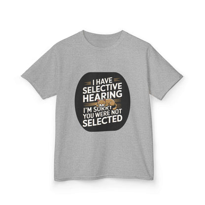 Kids tee featuring a sleeping cat and the quote 'I have selective hearing I'm sorry you were not selected'.