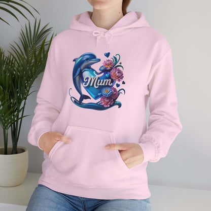 Cute pink hoodie with dolphin holding 'Mum' heart and flowers, perfect for Mother's Day.