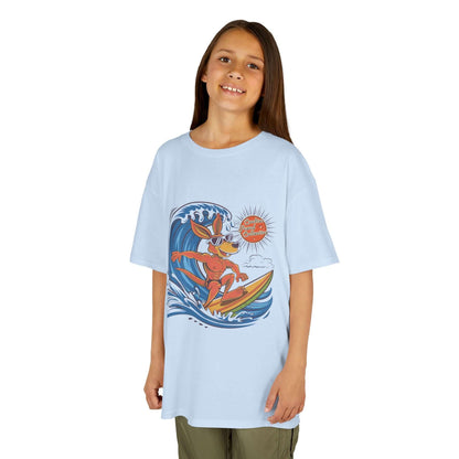 Cool kangaroo surfing a wave design on light blue Kid's Tee for beach lovers and surfing families.