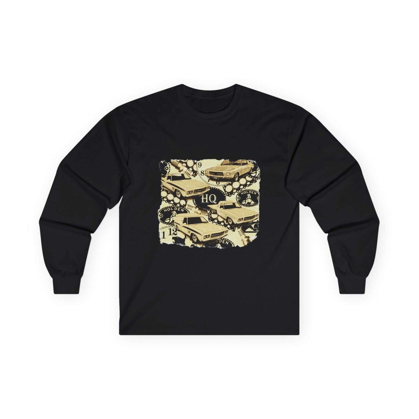 Vintage Holden Cars long sleeve tee featuring 70's HQ Monaro, Panel Van, Ute, and One Tonner design, perfect for car enthusiasts.