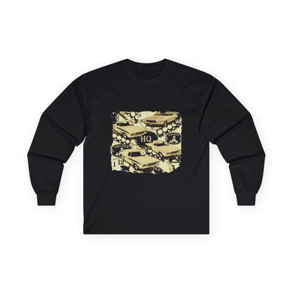 Vintage Holden Cars long sleeve tee featuring 70's HQ Monaro, Panel Van, Ute, and One Tonner design, perfect for car enthusiasts.