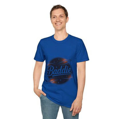 Unisex soft-style T-shirt featuring retro 'Baddie' universe design with planets and stars, perfect for trendy casual wear.