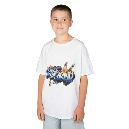 Unisex white kid's Tee with graffiti design 'Rise and Grind', featuring skateboards and an urban vibe.