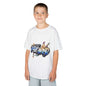 Unisex white kid's Tee with graffiti design 'Rise and Grind', featuring skateboards and an urban vibe.