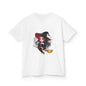 Kids tee featuring a chibi witch on her broom in front of a full moon, perfect for Halloween and playful vibes.