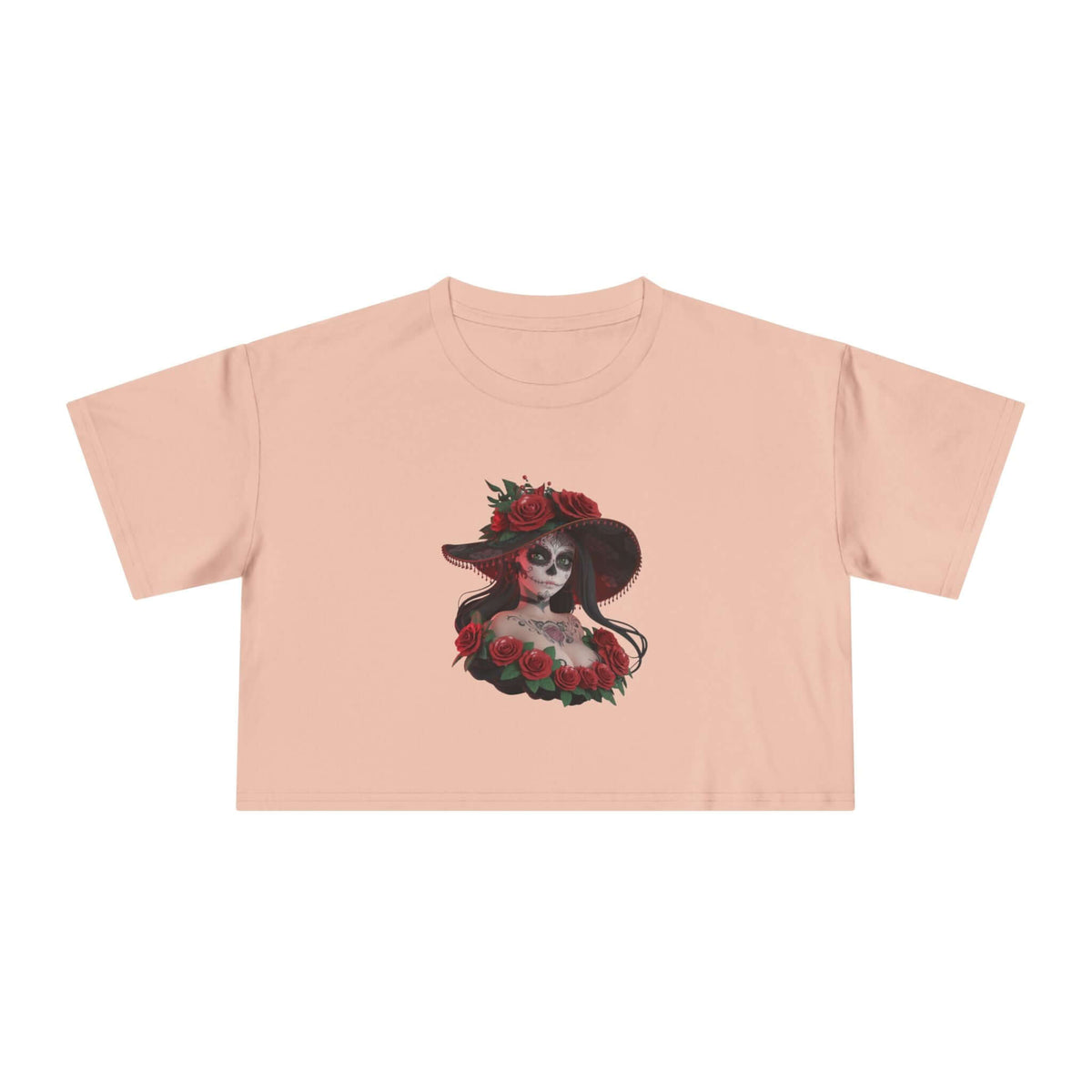 Crop Tee - Chibi Style Woman with Sugar Skull Makeup Design - Cookies Trend Collective