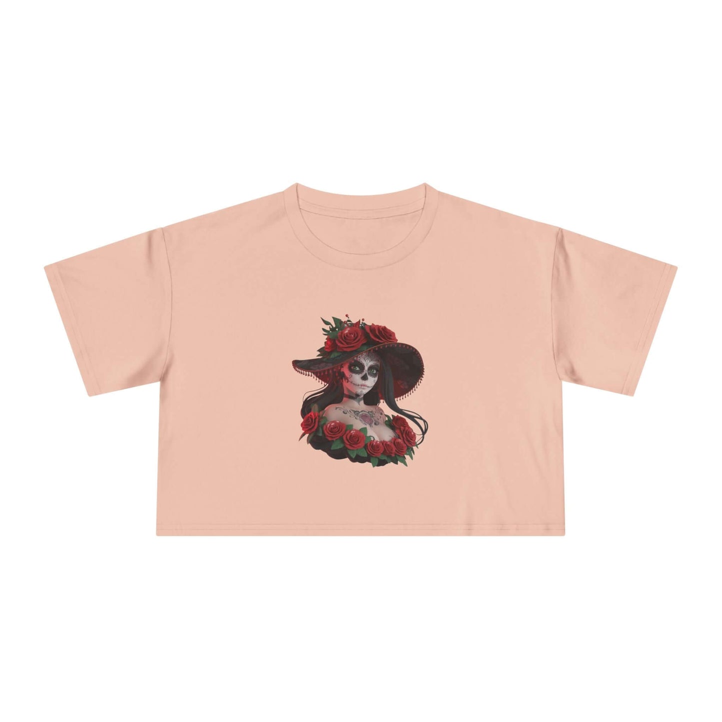 Chibi style woman with sugar skull makeup and roses on a pale pink crop top, perfect for Halloween and Day of the Dead.