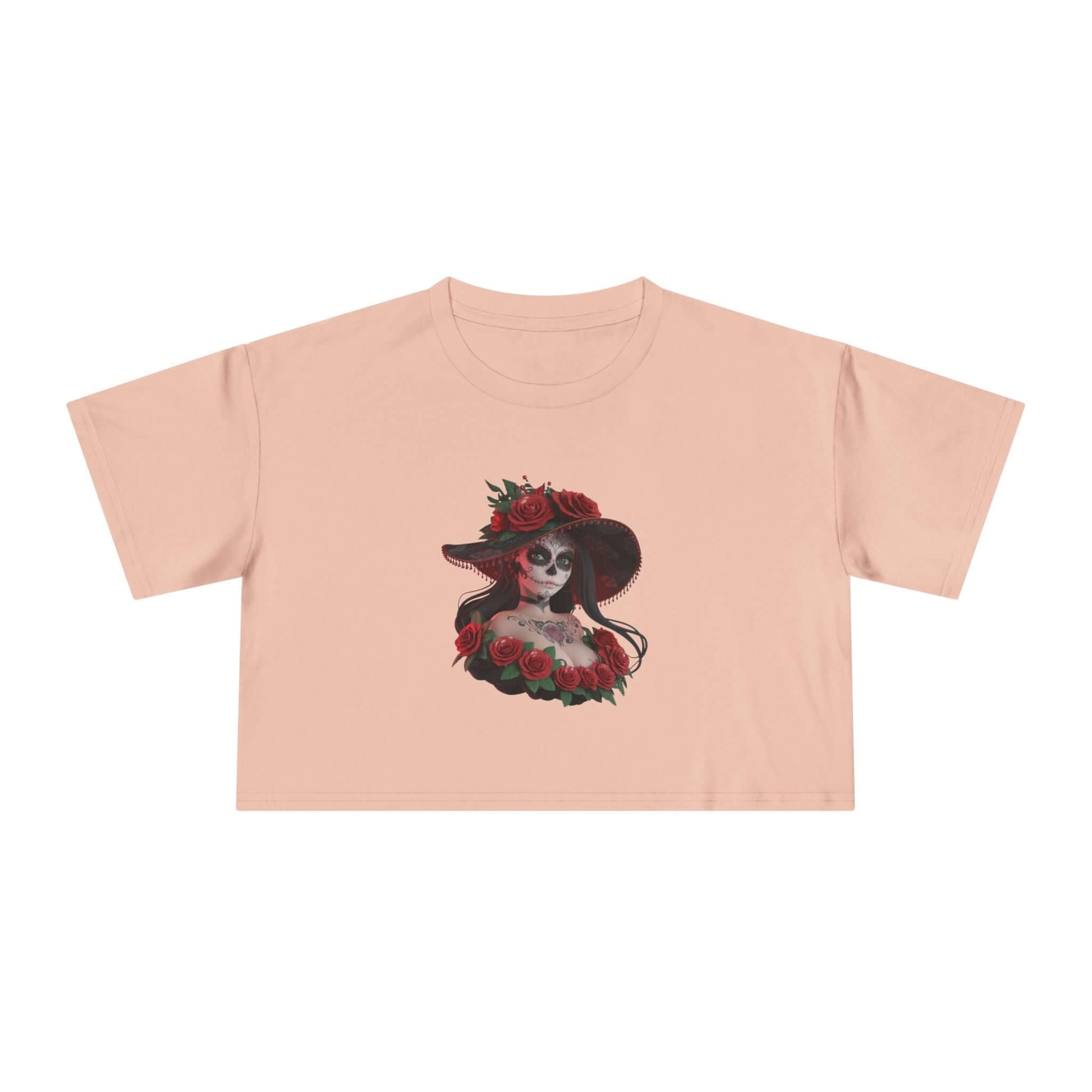 Chibi style woman with sugar skull makeup and roses on a pale pink crop top, perfect for Halloween and Day of the Dead.