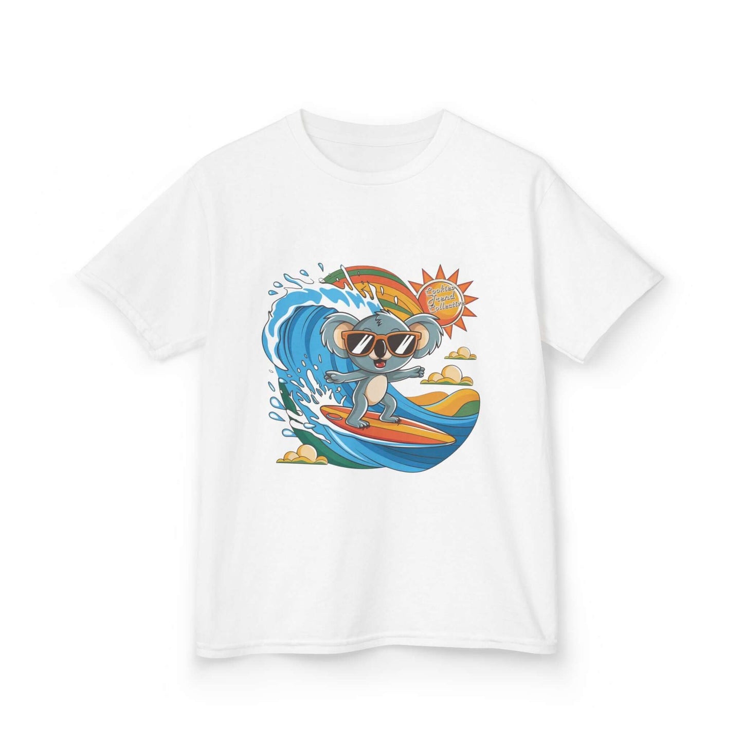 Cute kid's tee with a cool surfing koala riding a wave, perfect for beach lovers and animal lovers.