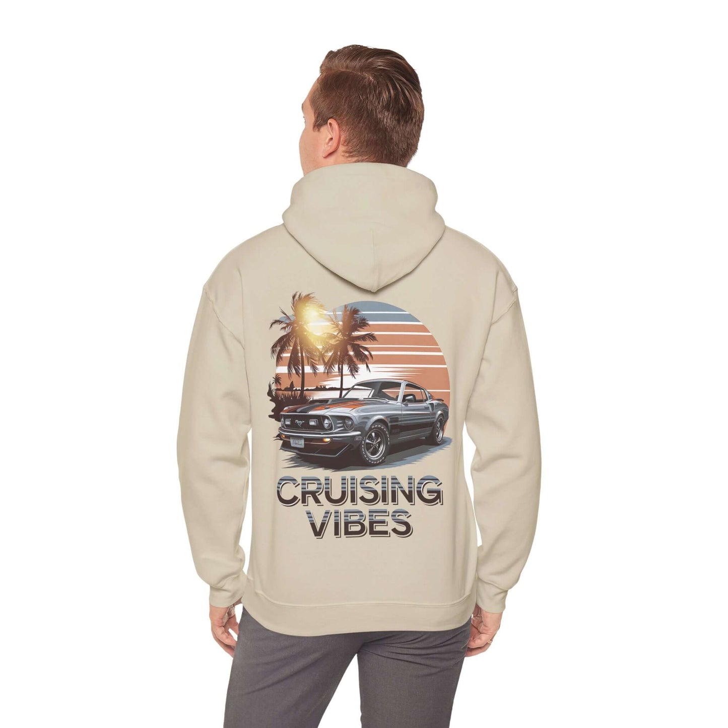 Cruising Vibes hoodie featuring retro sunset beach design and American muscle car, perfect for car lovers.