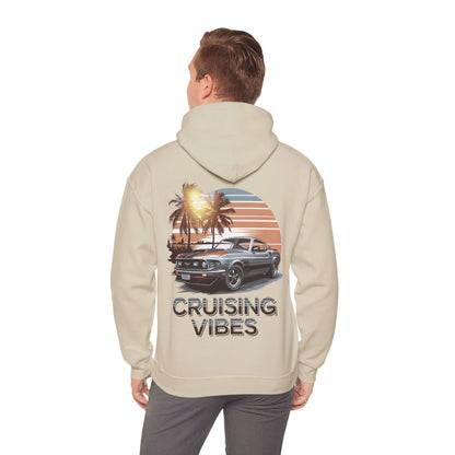Cruising Vibes hoodie featuring retro sunset beach design and American muscle car, perfect for car lovers.