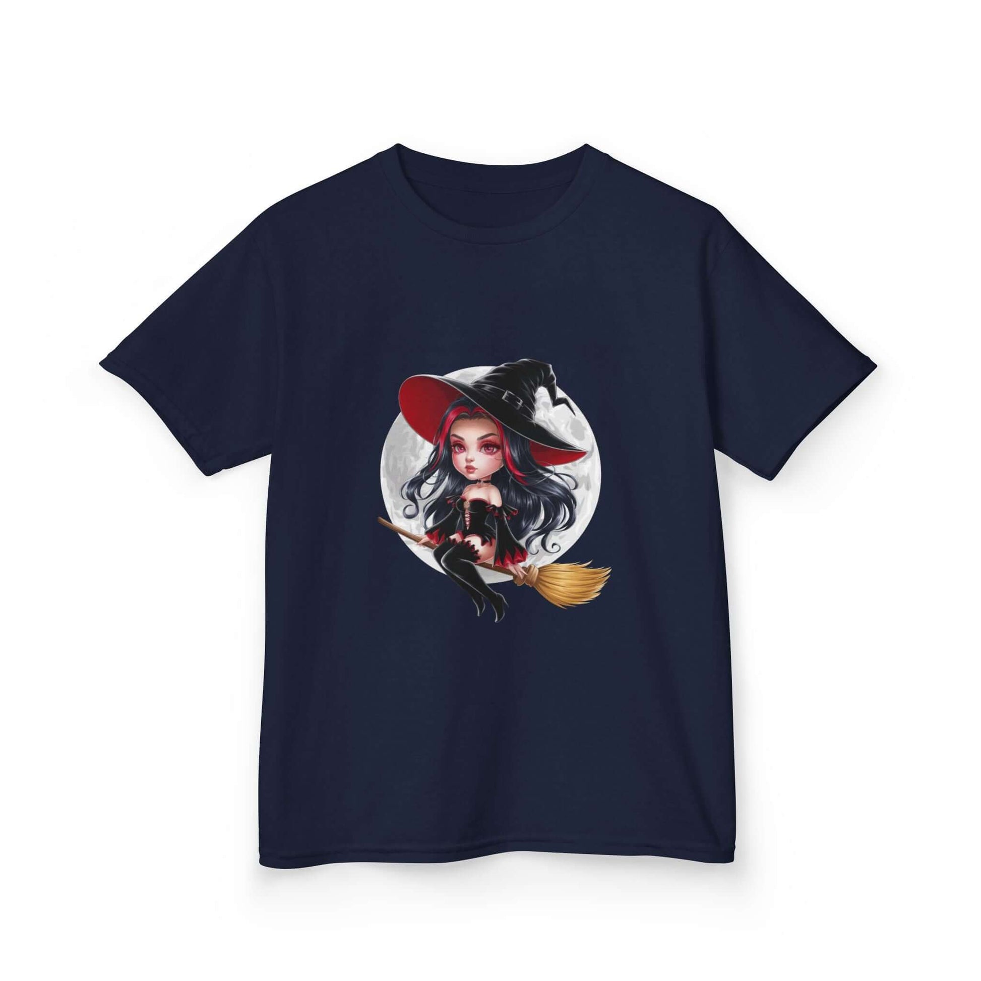 Kids tee with cute chibi style witch on broom in front of full moon, perfect for Halloween and playful vibes.