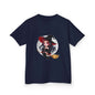 Kids tee with cute chibi style witch on broom in front of full moon, perfect for Halloween and playful vibes.