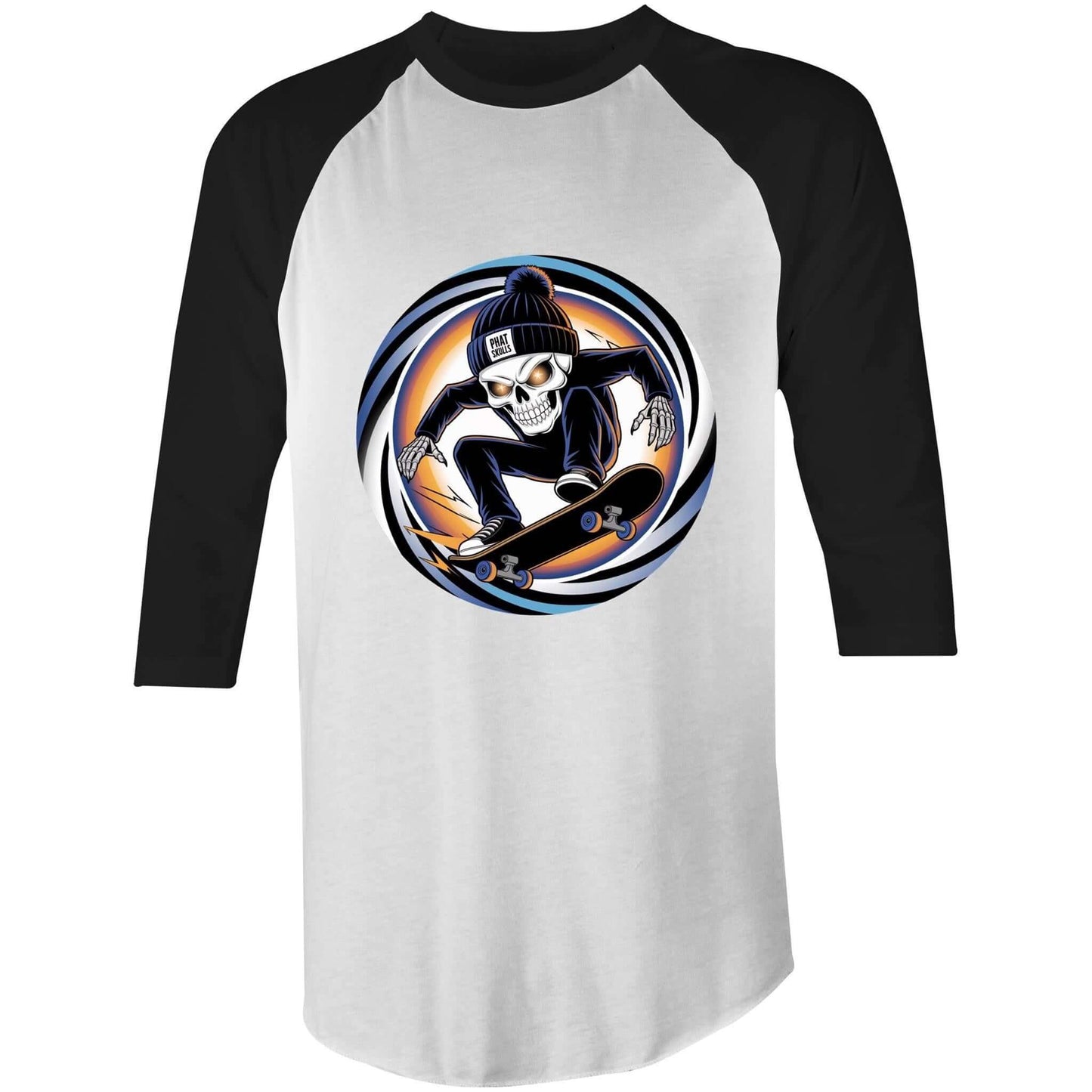 Edgy skeleton skater 3/4 sleeve tee with retro design, featuring a skeleton on a skateboard wearing a 'Phat Skulls' beanie.