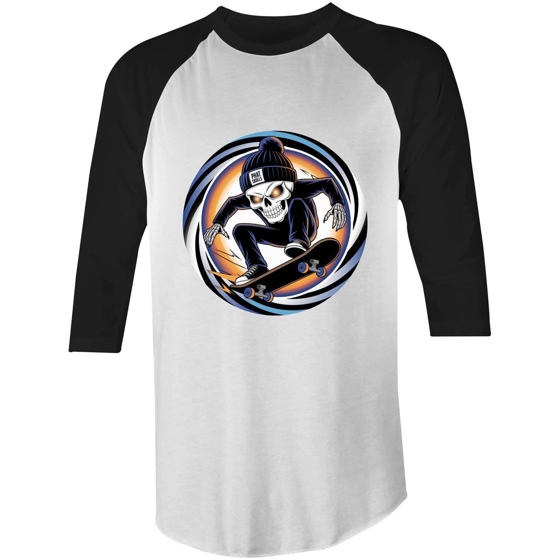 Edgy skeleton skater 3/4 sleeve tee with retro design, featuring a skeleton on a skateboard wearing a 'Phat Skulls' beanie.