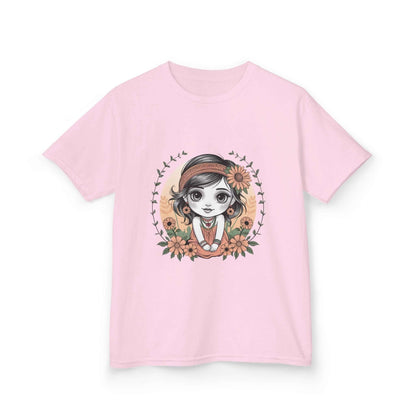 Kids tee featuring a cute chibi girl surrounded by flowers, perfect for young girls who love whimsical designs.