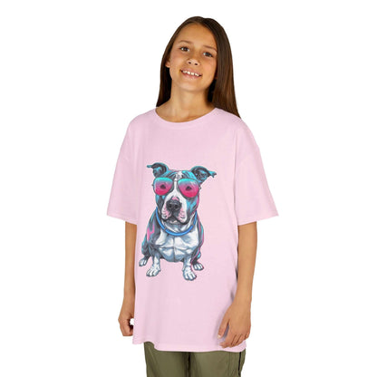 Kids T-shirt - featuring a retro synth wave Pit Bull dog design with pink sunglasses, ideal for dog lovers.