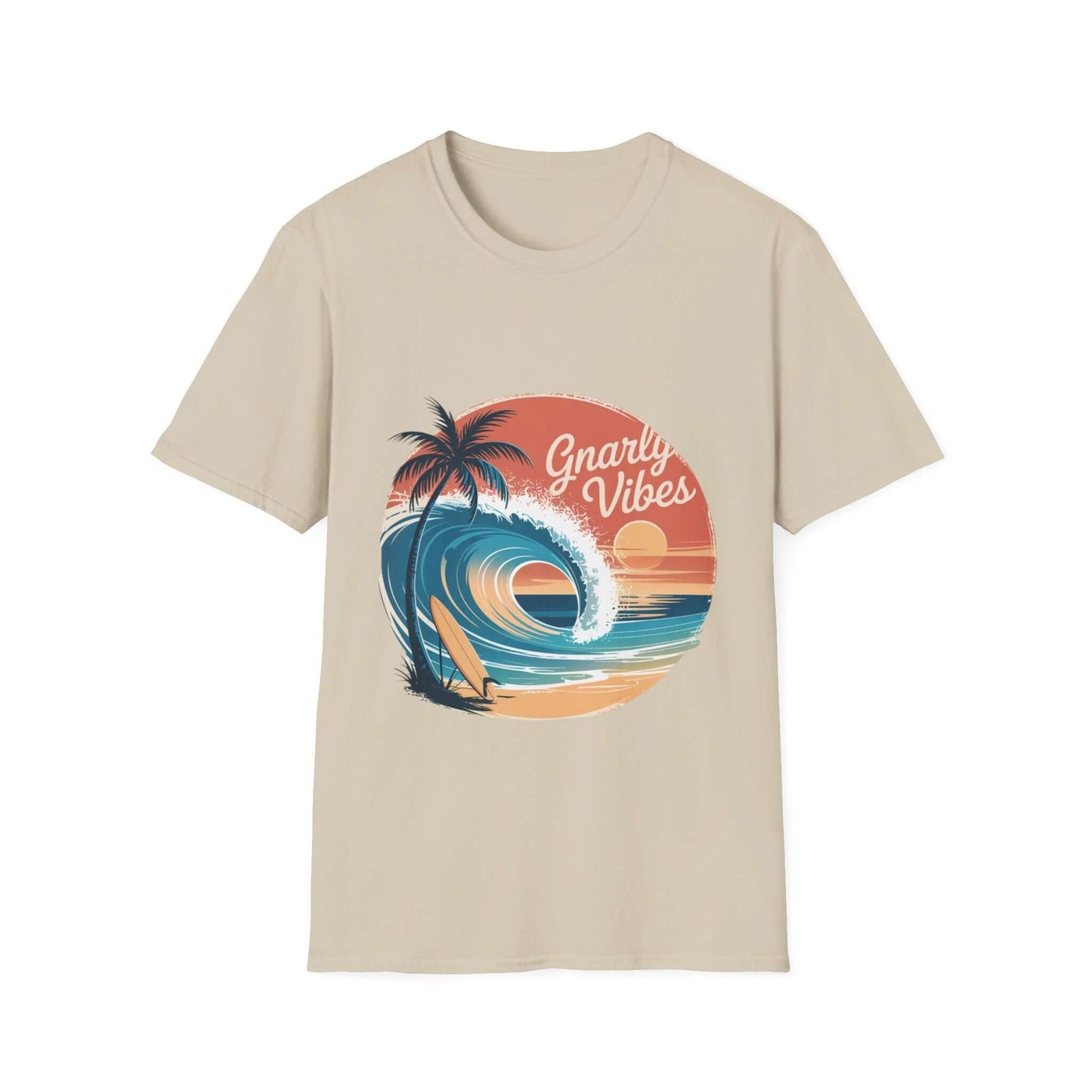 Vintage beach t-shirt with big wave graphic, palm trees, and 'Gnarly Vibes' text, perfect for surf culture enthusiasts.
