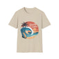 Vintage beach t-shirt with big wave graphic, palm trees, and 'Gnarly Vibes' text, perfect for surf culture enthusiasts.