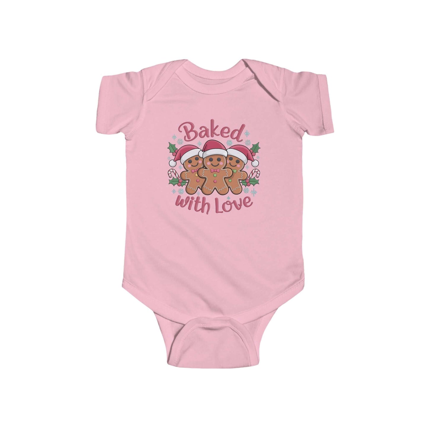 Baby pink bodysuit featuring gingerbread men in Santa hats with 'Baked with Love' text, perfect for the festive season.