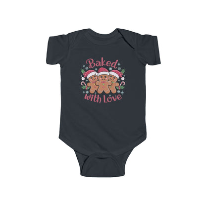 Baby bodysuit featuring gingerbread men in Santa hats with the text 'Baked With Love,' perfect for Christmas celebrations.