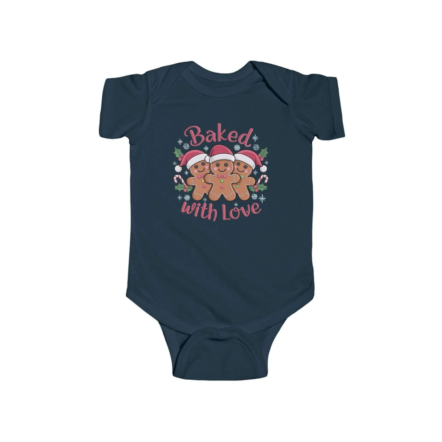 Baby bodysuit featuring gingerbread men in Santa hats with the text 'Baked with Love' for festive Christmas celebrations.