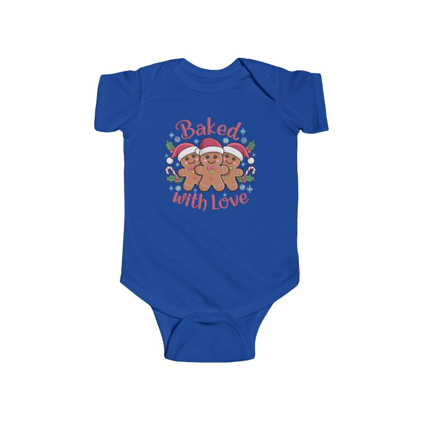 Baby bodysuit in blue featuring gingerbread men wearing Santa hats and the text 'Baked with Love' for the festive season.