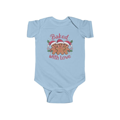 Baby bodysuit with gingerbread men in Santa hats and 'Baked with Love' text, perfect for festive Christmas celebrations.