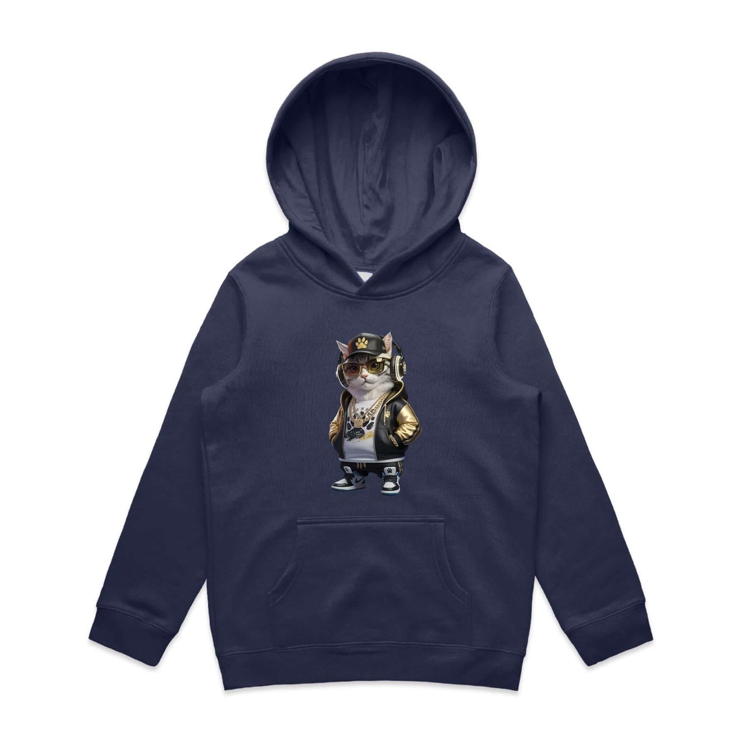 Cute kid's hoodie featuring a cool hip hop cat in sunglasses and gold chains, perfect for cat lovers.
