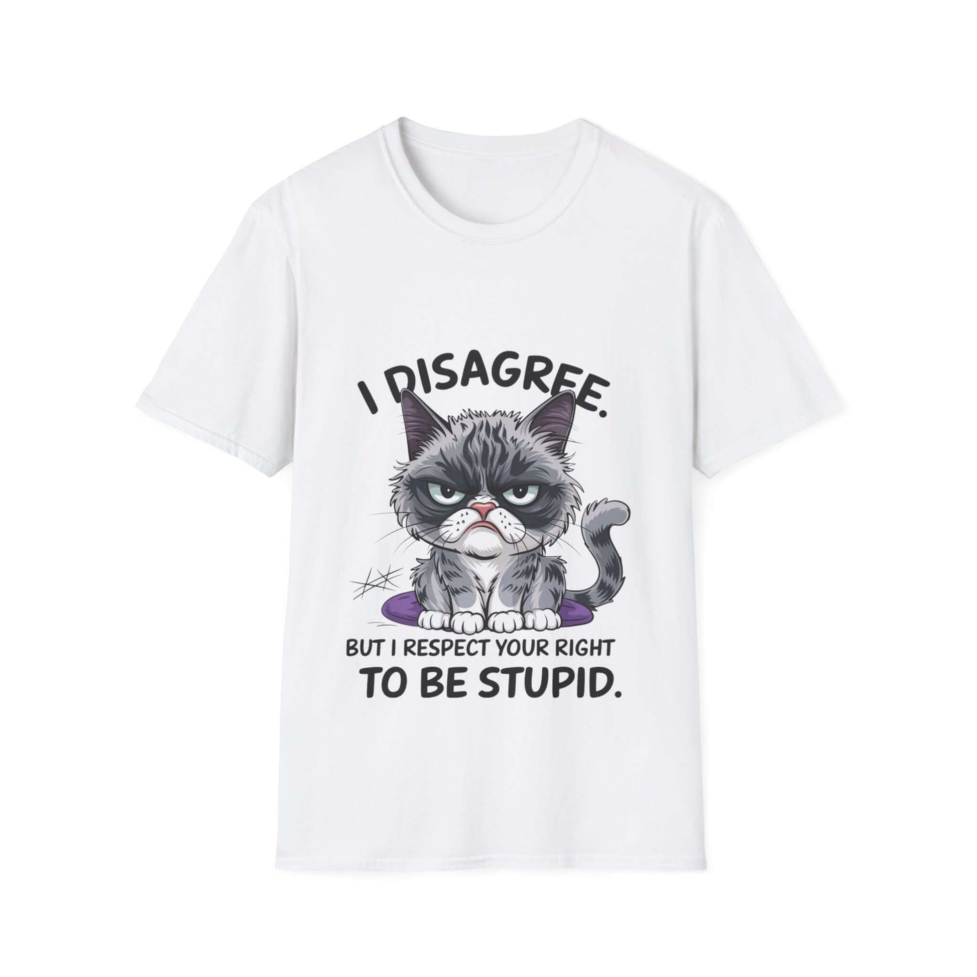 Grumpy cat graphic t-shirt with humorous quote 'I disagree but I respect your right to be stupid' in white.