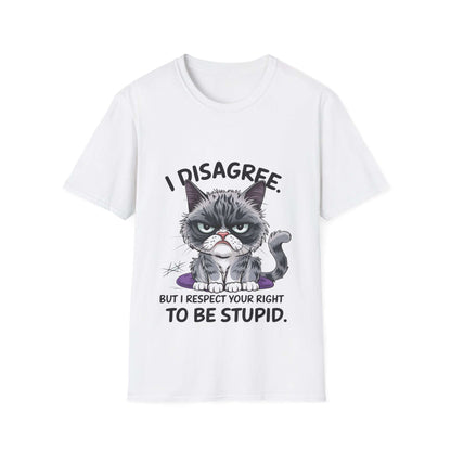 Grumpy cat graphic t-shirt with humorous quote 'I disagree but I respect your right to be stupid' in white.
