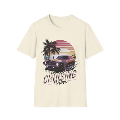 Vintage muscle car T-shirt with sunset design and 'Cruising Vibes' text, perfect for car enthusiasts and casual wear.