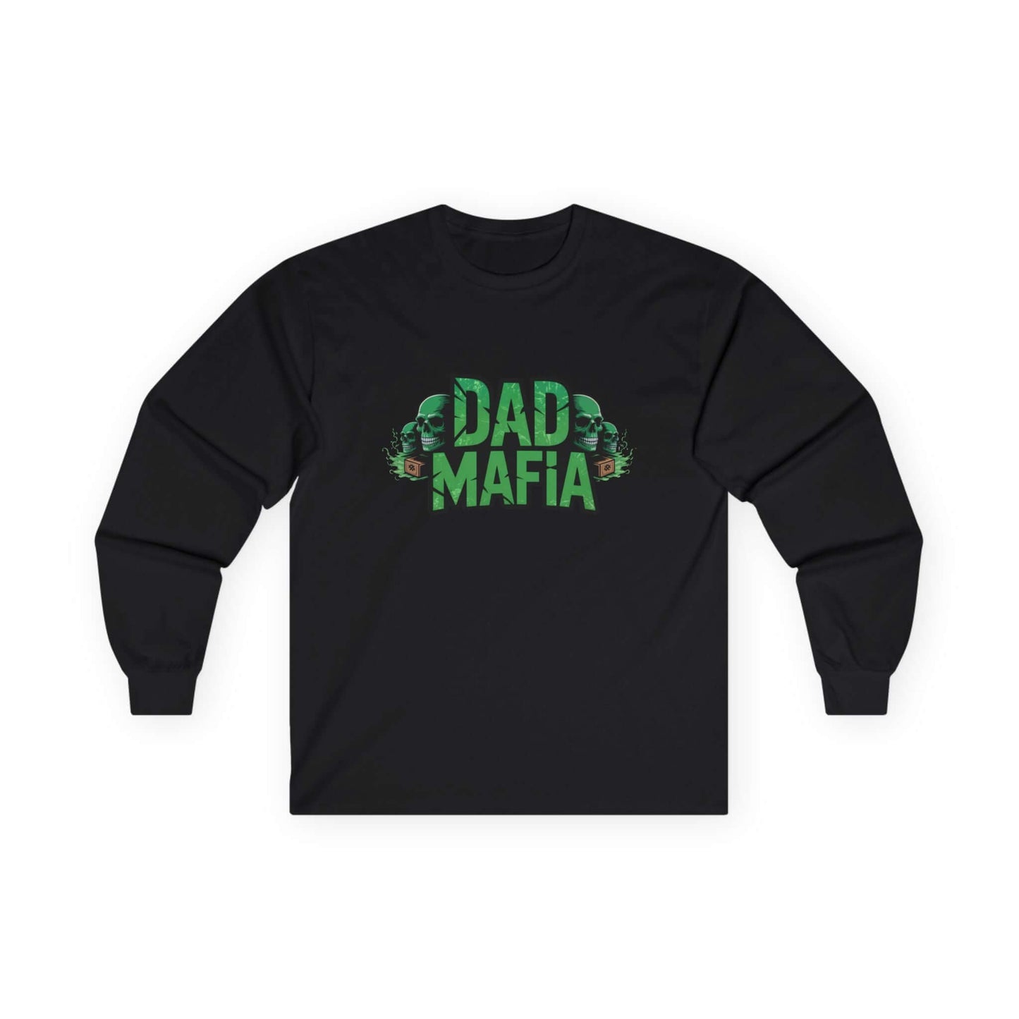 DAD MAFIA unisex long sleeve T-shirt in black with neon green lettering and stylized skulls for bold statement style.