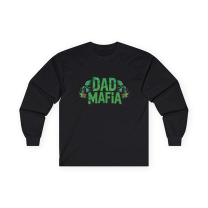 DAD MAFIA unisex long sleeve T-shirt in black with neon green lettering and stylized skulls for bold statement style.