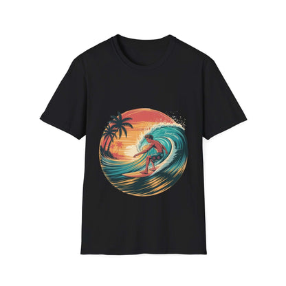 Vintage surfer t-shirt featuring a lone surfer on a turquoise wave at sunset, perfect for beach lovers.